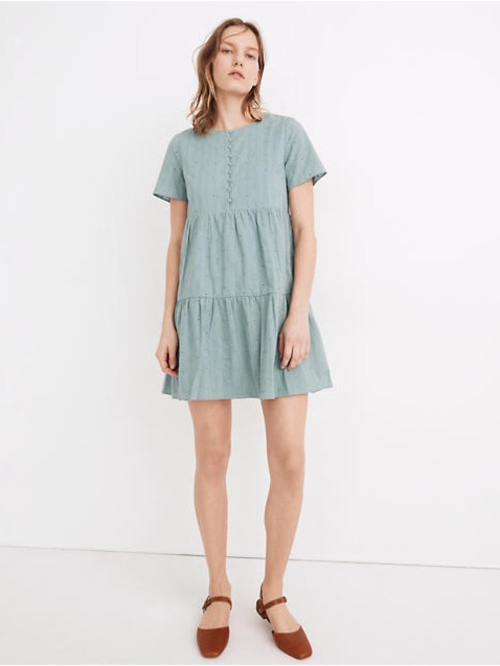 Madewell Eyelet Mini Dress XL Petite Green Cotton Short Sleeve Babydoll Dress